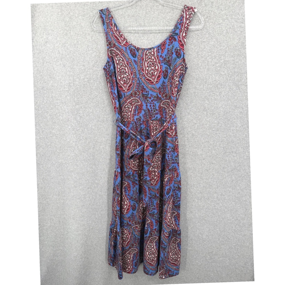 Talbots Paisley Tiered Midi Dress Women Size Small Petite Blue Sleeveless Knit